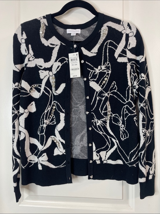 Charter Club Sweaters - Charter Club Black & White Bow Pattern Cardigan with Sequin Accents